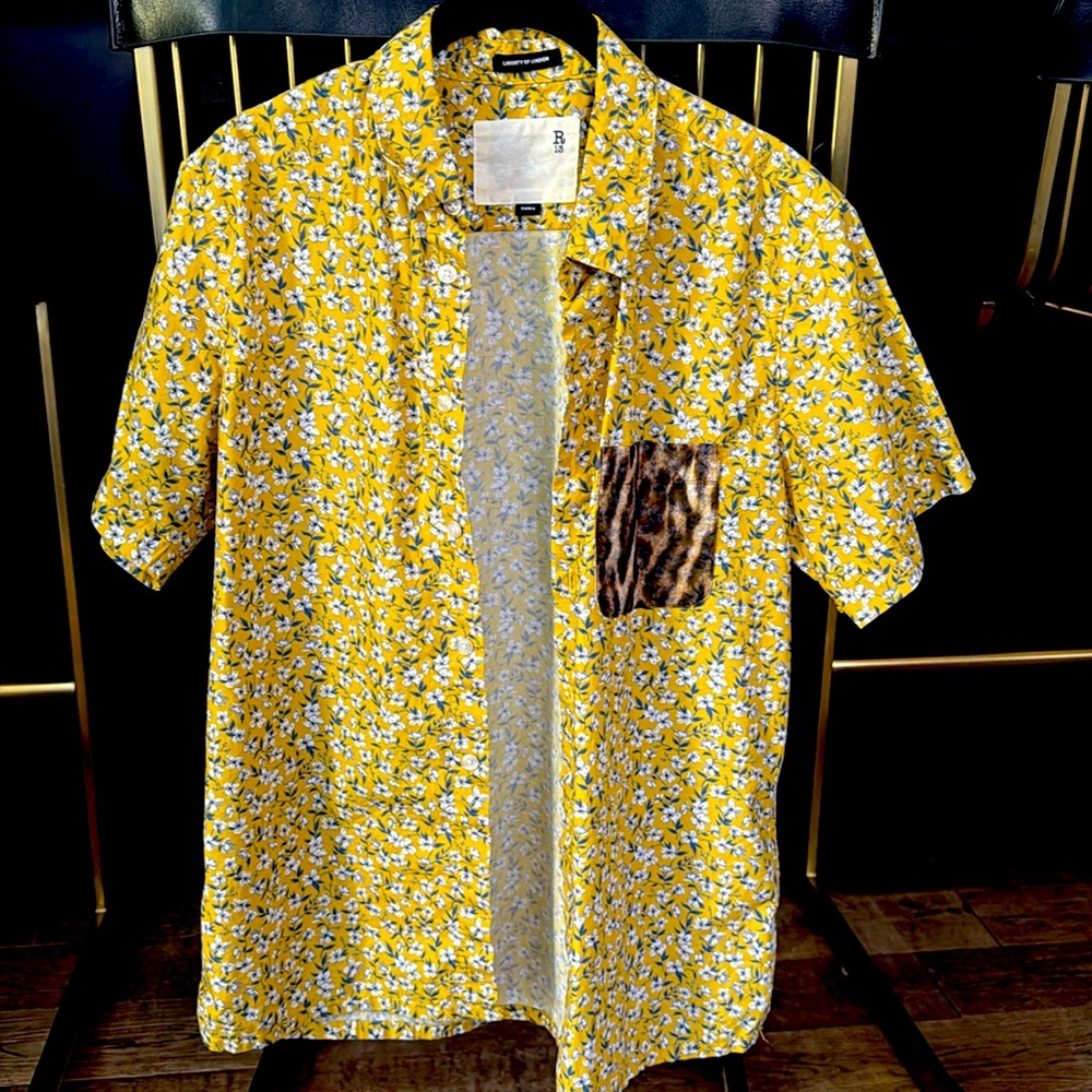 R13 short sleeve button down shirt with floral and animal print detailing